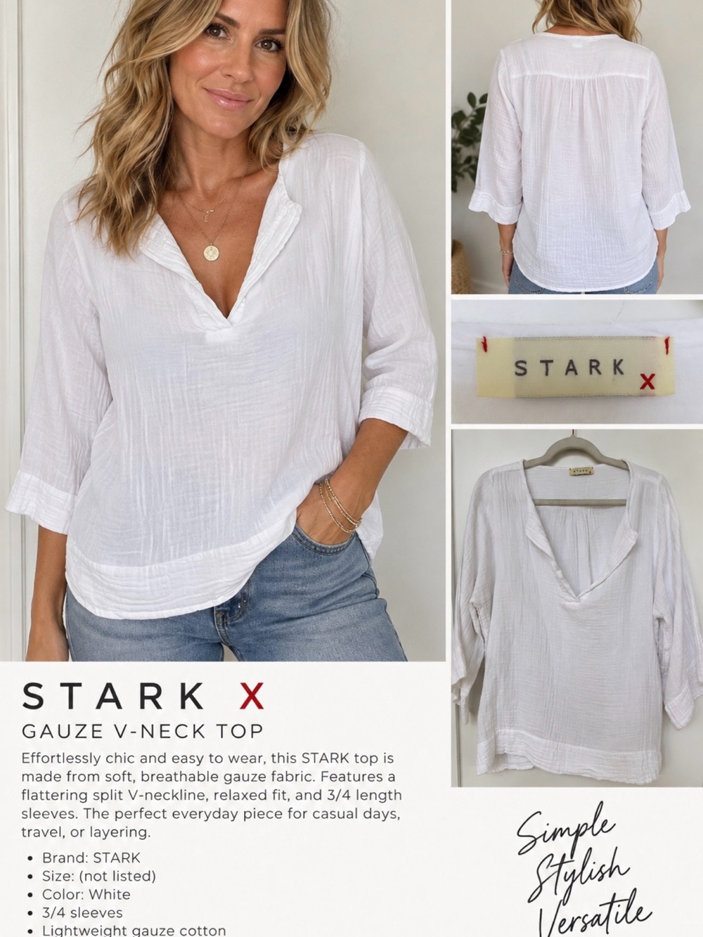 STARK X White Gauze V-Neck 3/4 Sleeve Relaxed Top